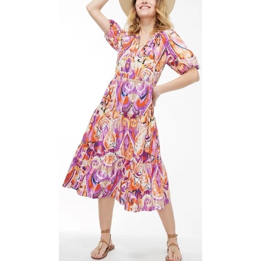 Chicos 40th Anniversary Paisley Tiered Dress Womens 12 Multi Color Puff Sleeve